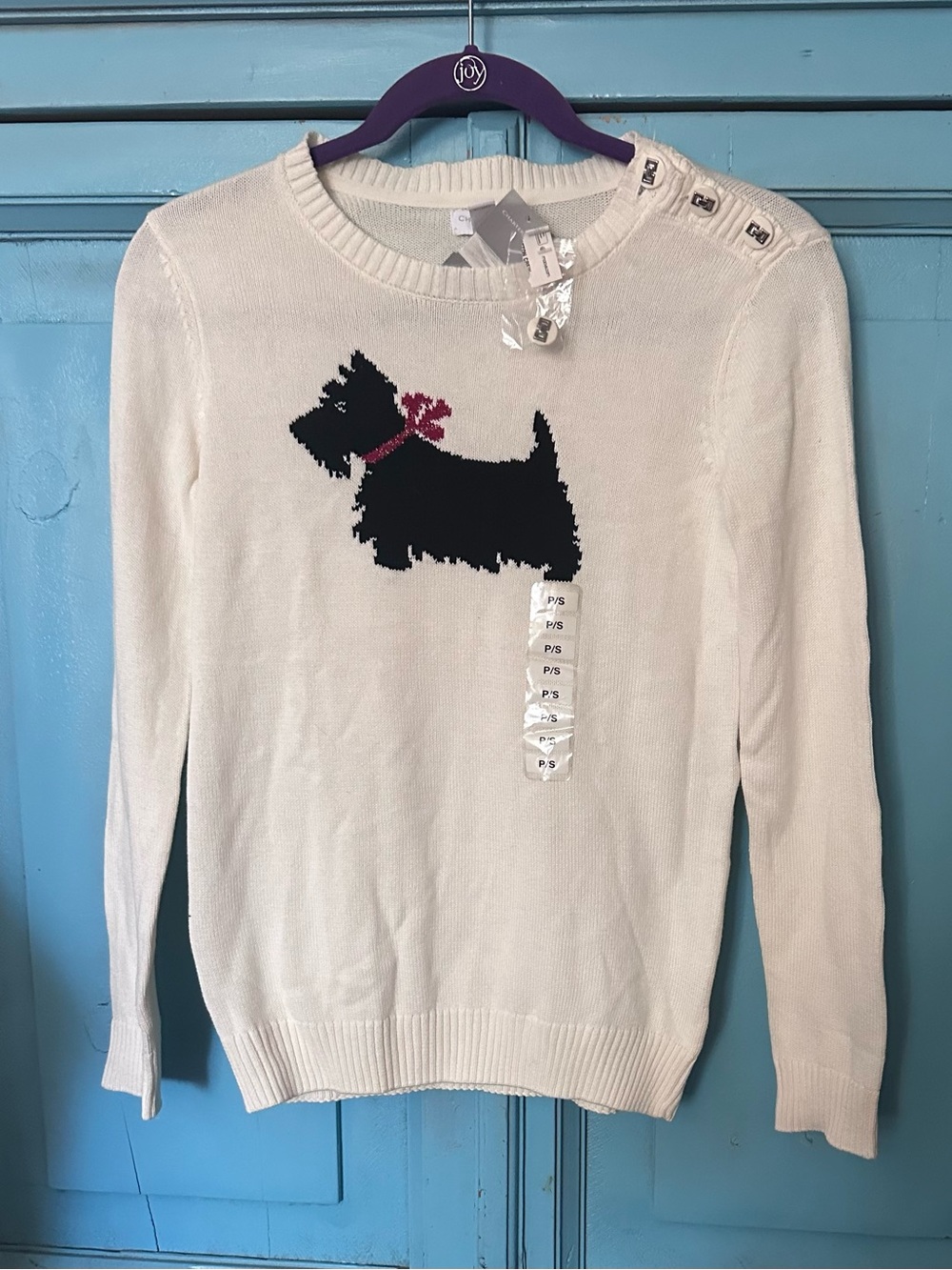 Charter Club Cream Crewneck Sweater with Black Scottie and Pink Bow